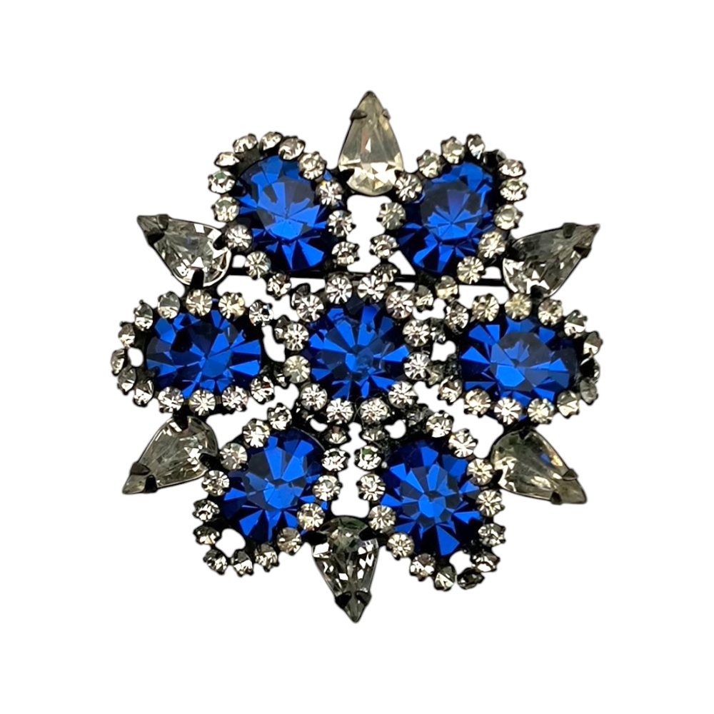Vintage Capri Blue and Clear Rhinestone Snowflake Brooch!
